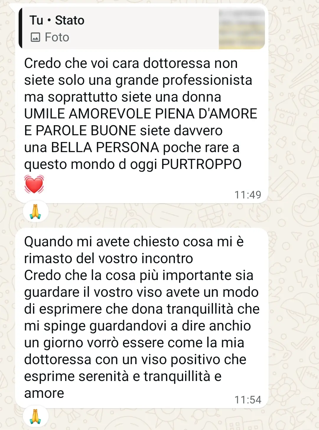Testimonianza di una donna che ringrazia la dottoressa Simona Prosperi per la sua umanità, professionalità e capacità di trasmettere serenità e amore.